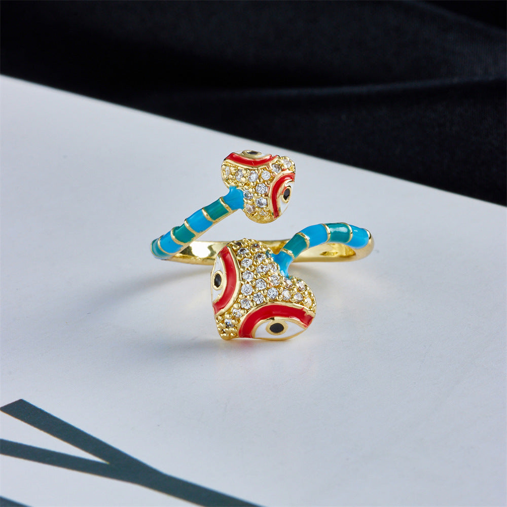 Anello geometrico minimalista in rame con zirconi micro-incastonati e finitura smaltata da donna