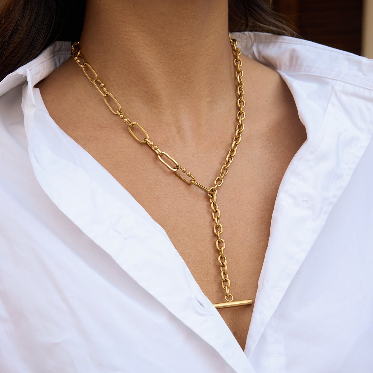 Collana a Y geometrica minimalista di lusso placcata oro 18 carati, catena multistrato in acciaio inossidabile da donna