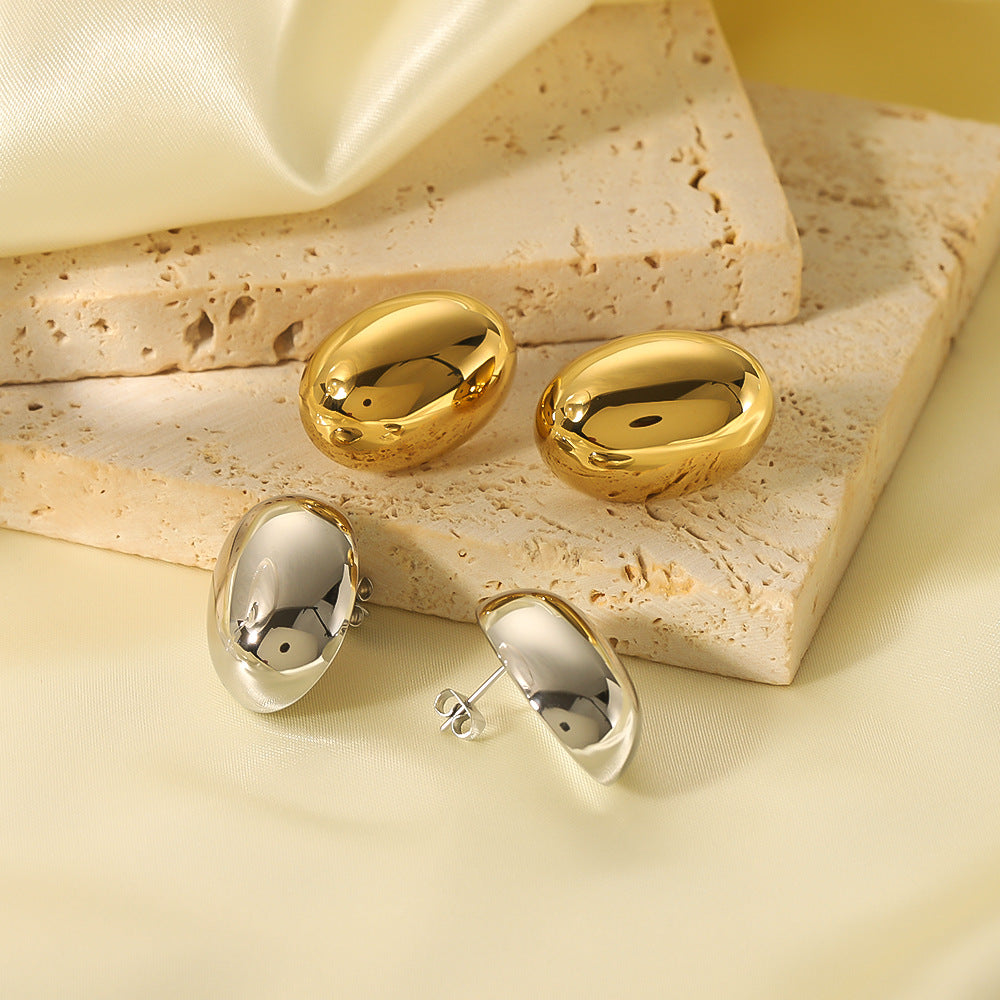 Minimalist Oval Stainless Steel Earrings with 18K Gold Plating, Geometric 3D Design, Polished Mirror Finish