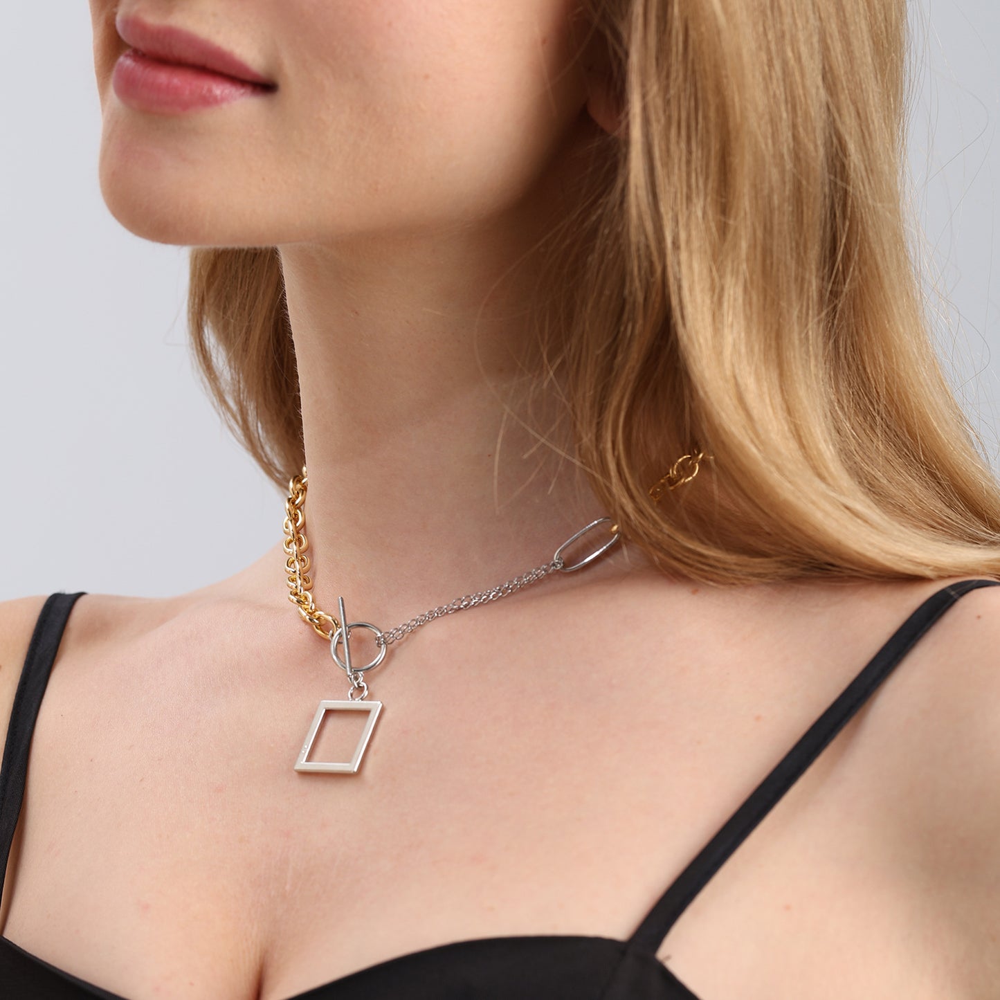 Geometric Square Pendant Necklace for Women Alloy Chain with Hollow Design and Electroplated Finish