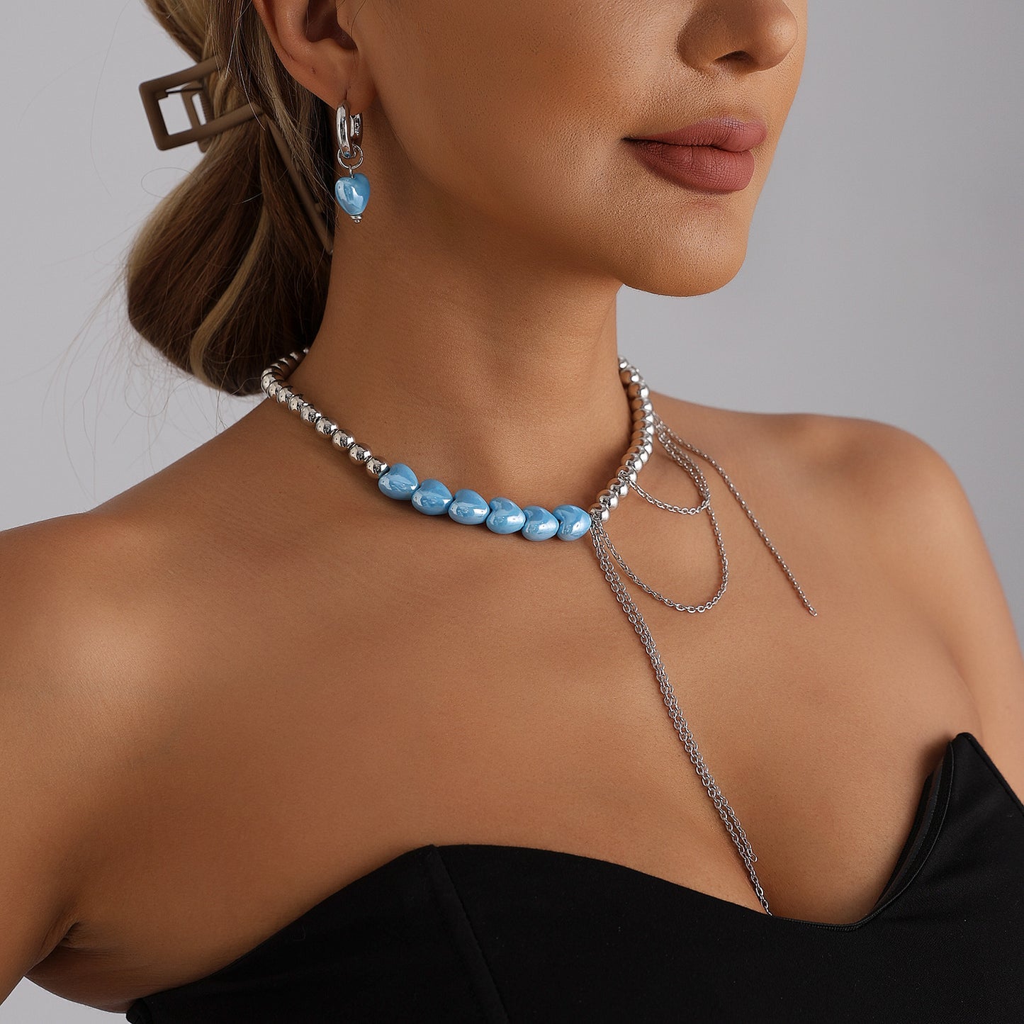 Fashion Geometric Heart Alloy Plated Necklace with Blue Tassel and Beads for Women