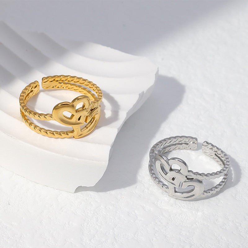 Anello Aperto Regolabile Minimalista e Carino in Acciaio Inossidabile Placcato Oro 18K a Forma di Croce e Cuore da Donna