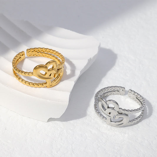 Anello Aperto Regolabile Minimalista e Carino in Acciaio Inossidabile Placcato Oro 18K a Forma di Croce e Cuore da Donna