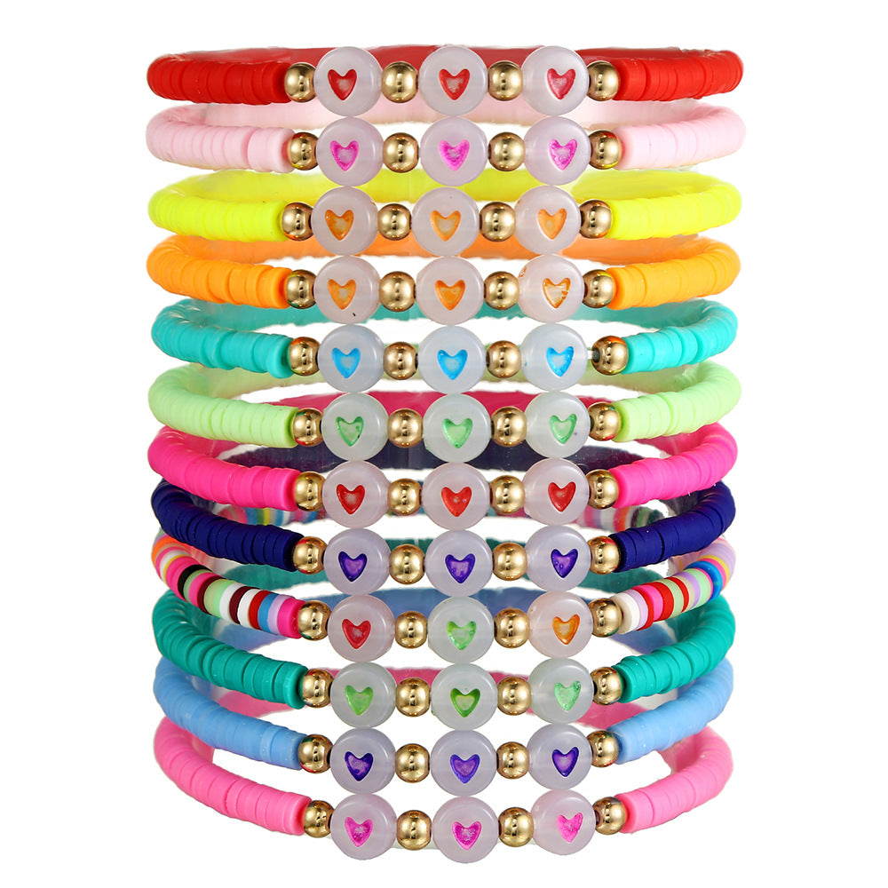 Colorful Glow-in-the-Dark Heart Polymer Clay and Brass Bead Stretch Bracelet with Letter Elements
