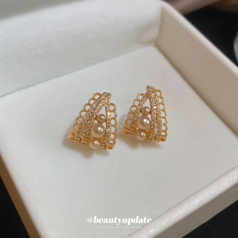 Orecchini a perno eleganti con perle geometriche e inserti in zirconia, per donna, gioielli minimalisti di moda per tutti i giorni