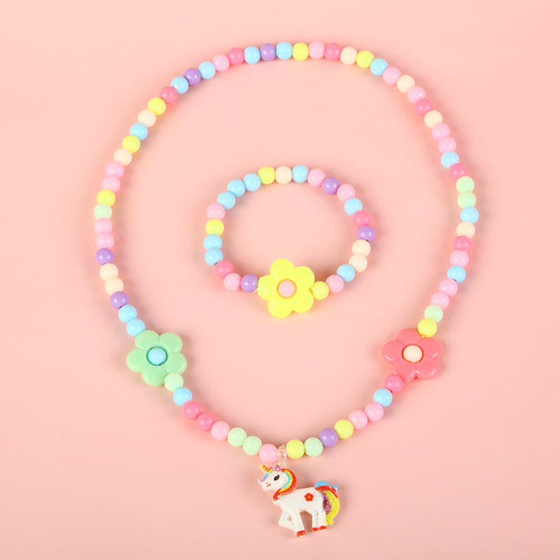 Cartoon Unicorn Pendant Necklace Set with Colorful Dopamine Beads for Kids, Resin Animal Charm on Round Bead Chain, Princess Style Children's Jewelry