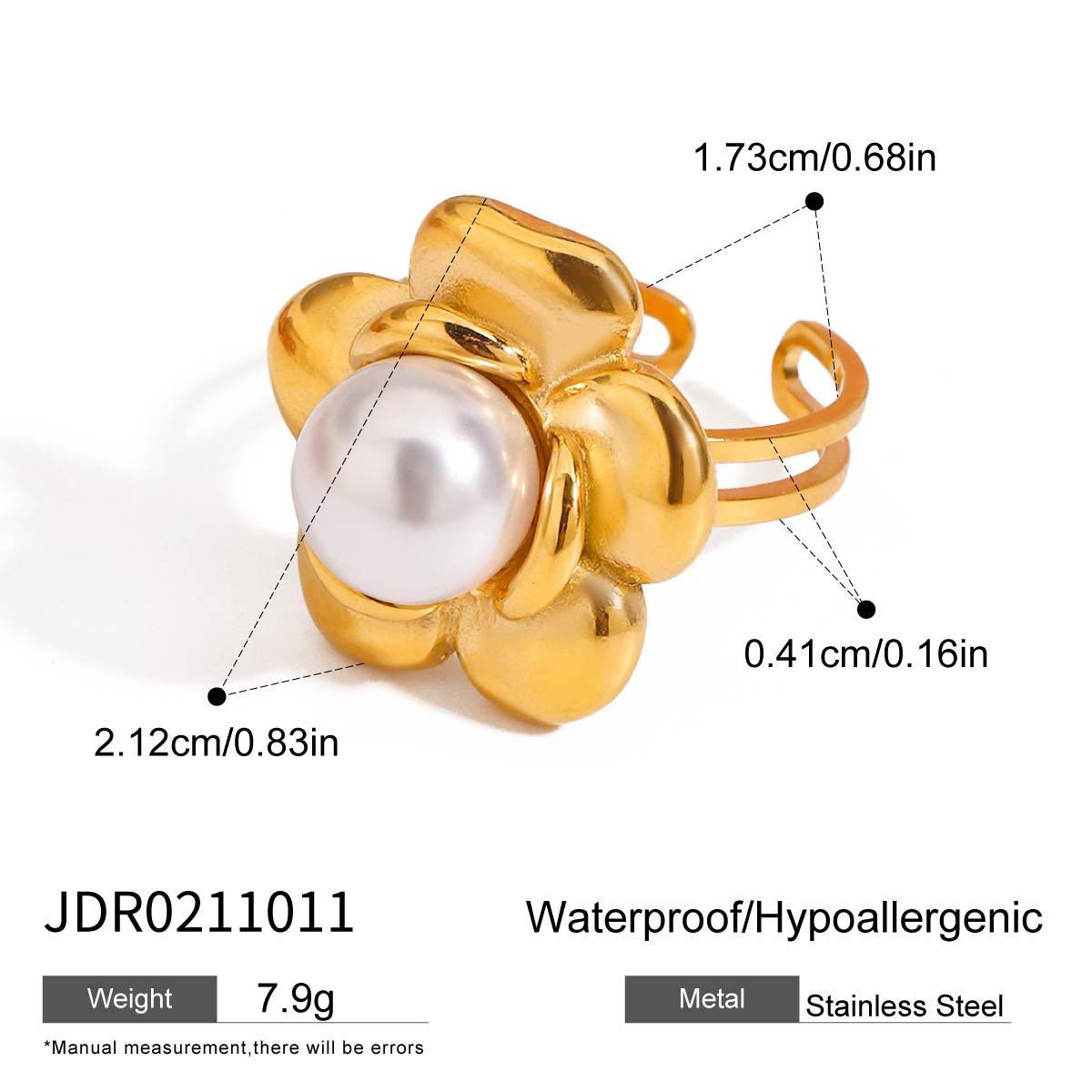Anillo de Acero Inoxidable con Incrustaciones Geométricas de Perlas y Baño de Oro para Mujer