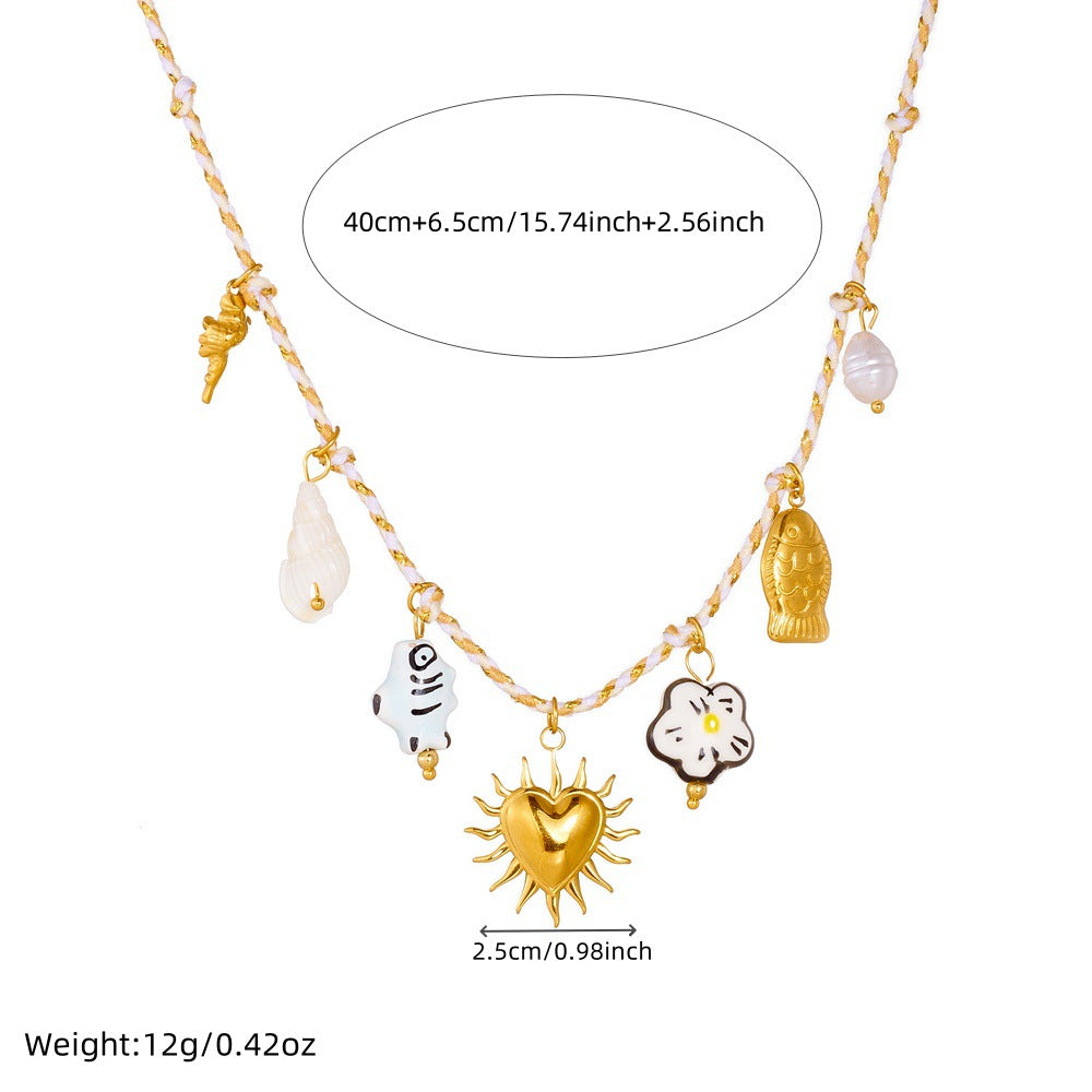 Chic Cartoon Painted Ceramic Fish and Flower Heart Stainless Steel Plated Necklace with Rope Chain for Women