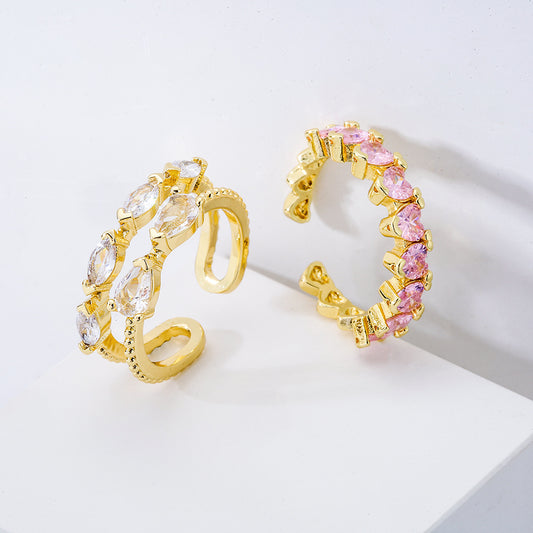 Geometric Open Ring for Women with Copper Base Plated in 18K Gold and Micro-Paved Zirconia