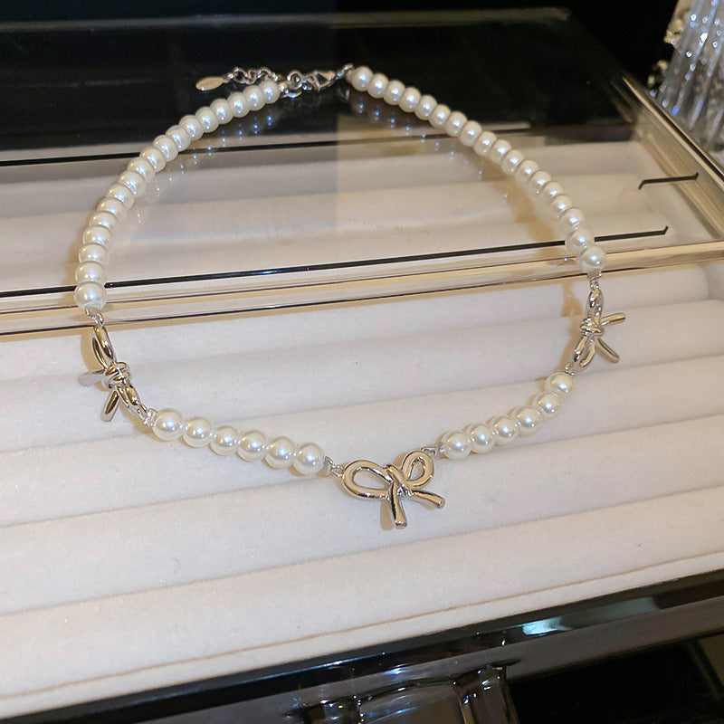 Vintage Sweet Heart Alloy Simulated Pearl Necklace Snake Chain