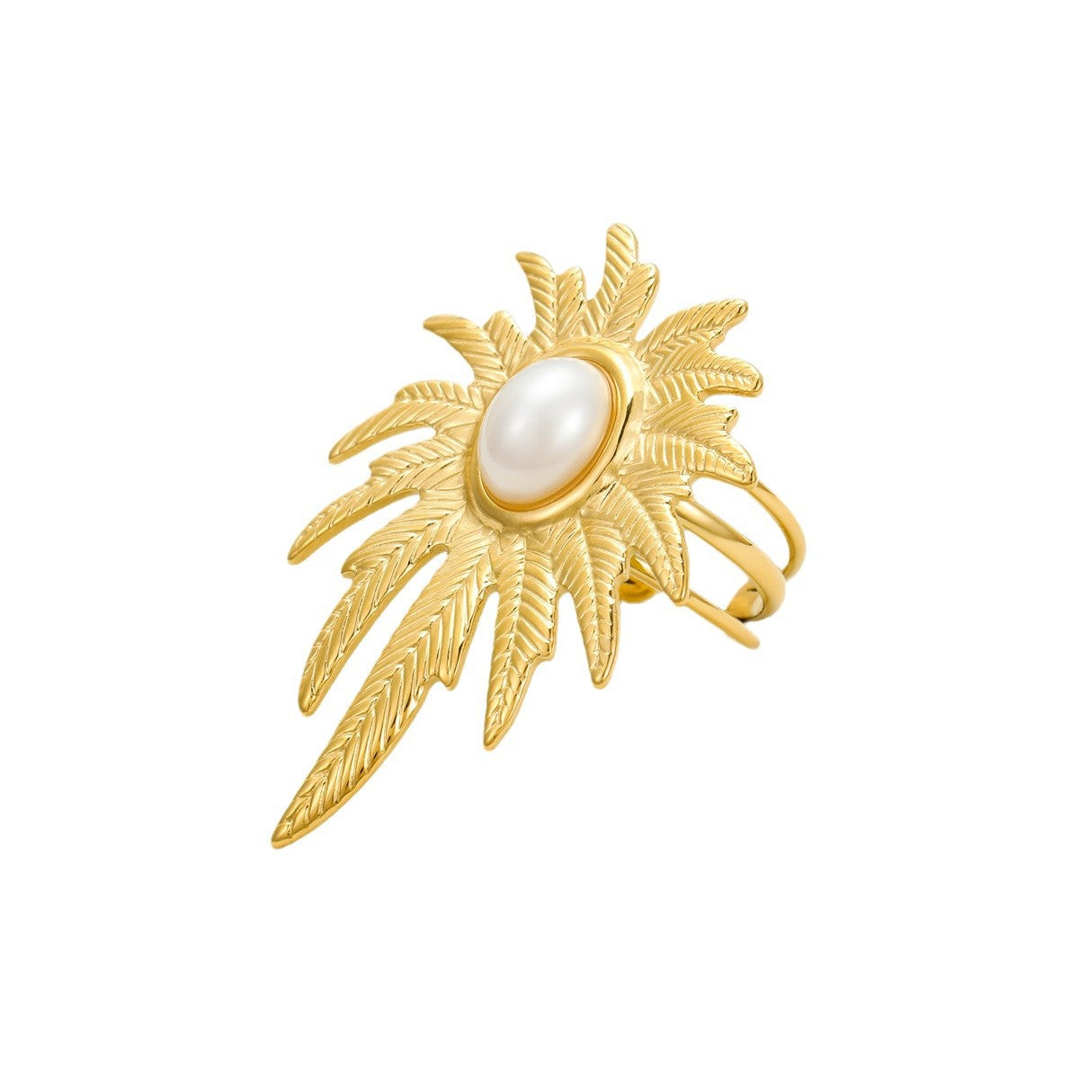 Anillo de acero inoxidable con diseño de hoja estilo lujo con incrustaciones de perlas para mujer