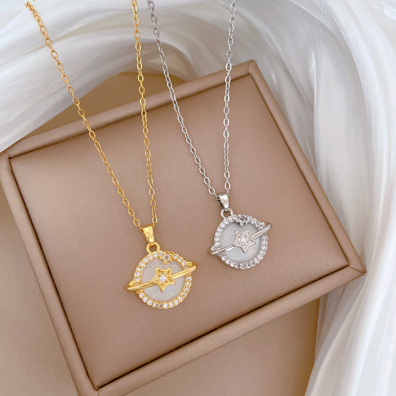 Luxury Titanium Steel Geometric Moon Shell Planet Pendant Necklace for Women with Rhinestone Inlay and Delicate Clavicle Chain