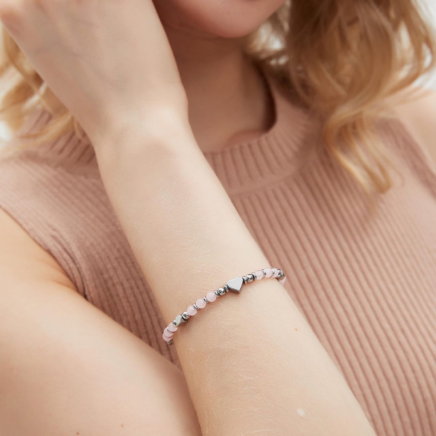 Fashion Heart Shaped Crystal Beaded Stainless Steel Bracelet for Women