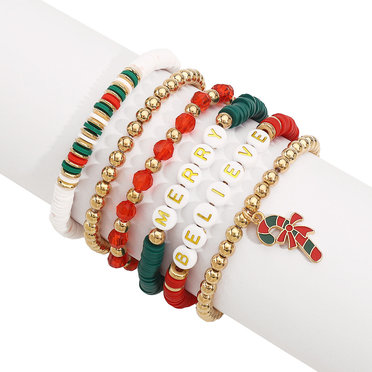 Sweet Handmade Polymer Clay Alphabet Beaded Bracelet with Alloy and Crystal Accents for Christmas Holiday Gift