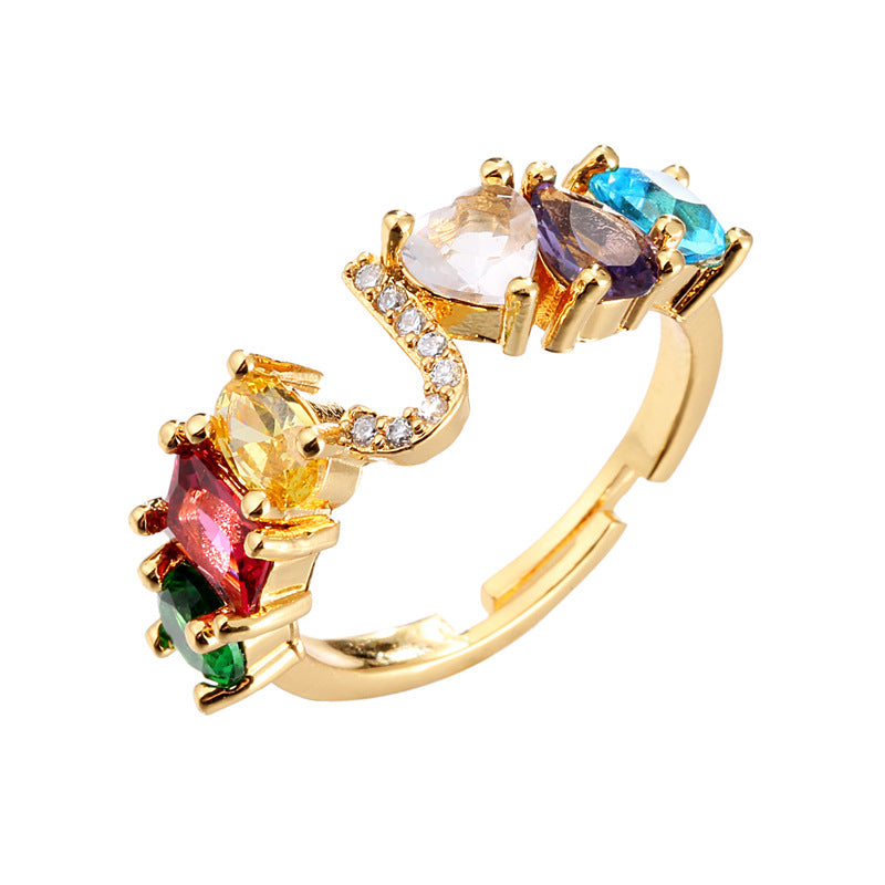 Hand-Set Cubic Zirconia Letter Open Ring Gold Plated Brass Adjustable Women
