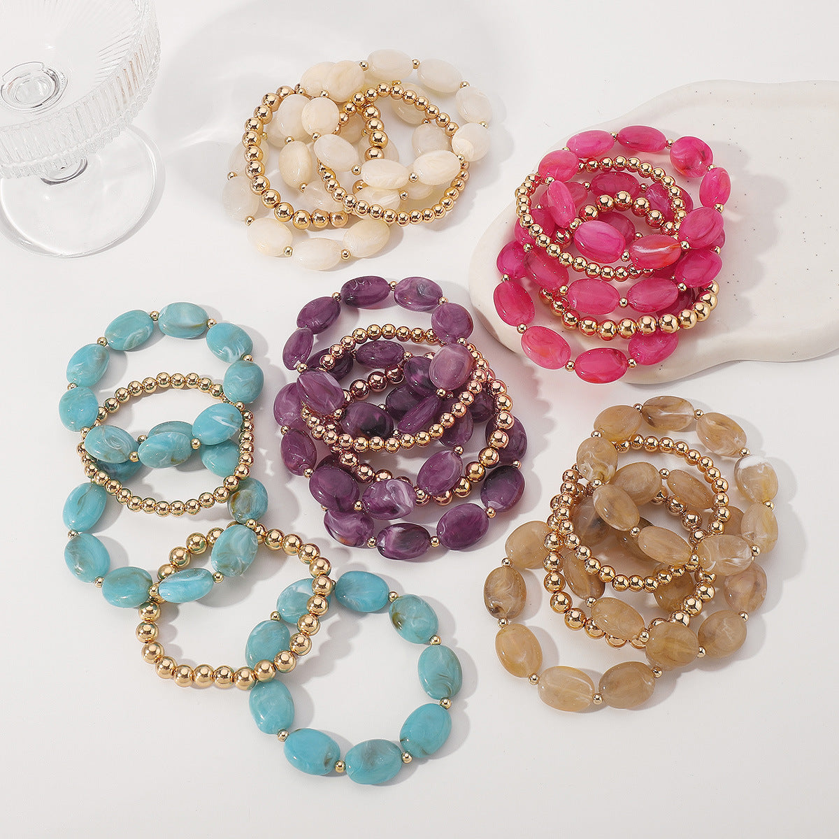 Pulsera Bohemia Geométrica de Cuentas con Piedras de Jade Artificial Brazalete Elástico Hecho a Mano para Mujer