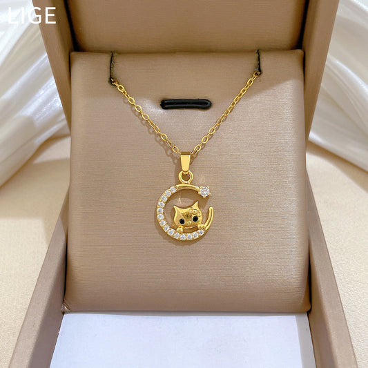 Sweet Cartoon Moon Cat Cubic Zirconia Titanium Steel Necklace for Unisex