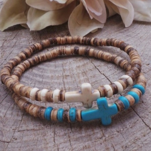 Hip-hop Wood Turquoise Cross Bracelet Handmade Beaded Elastic Band