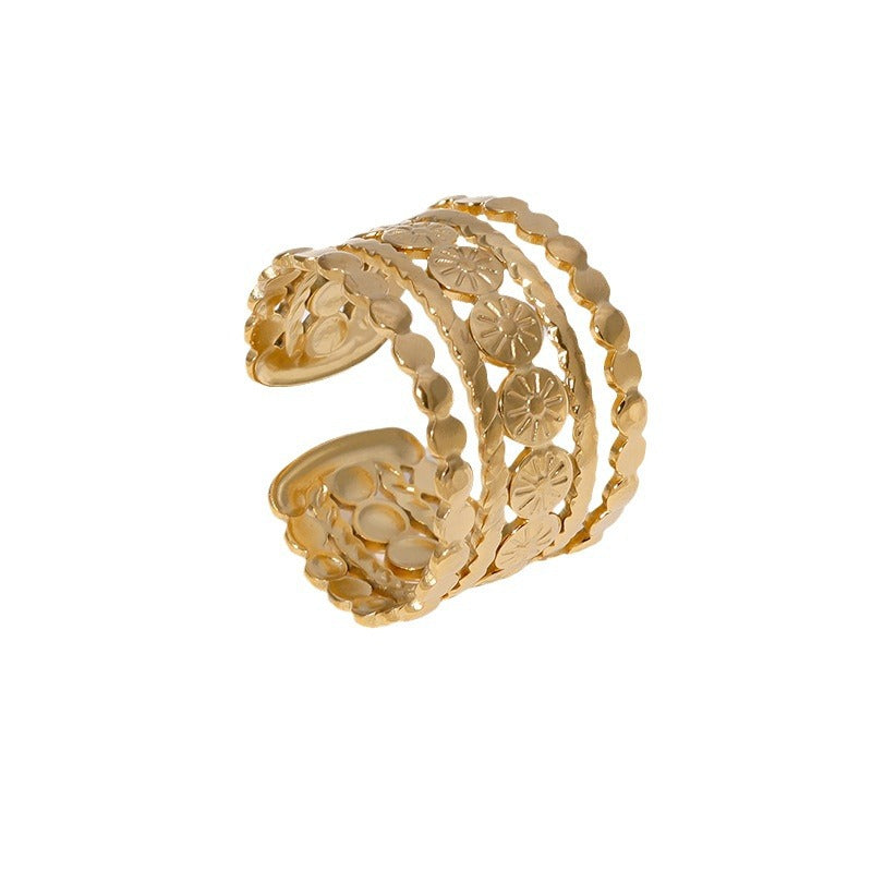 Vintage Geometric Stainless Steel Adjustable Ring for Women with Plated Finish, Hypoallergenic and Fade-Resistant