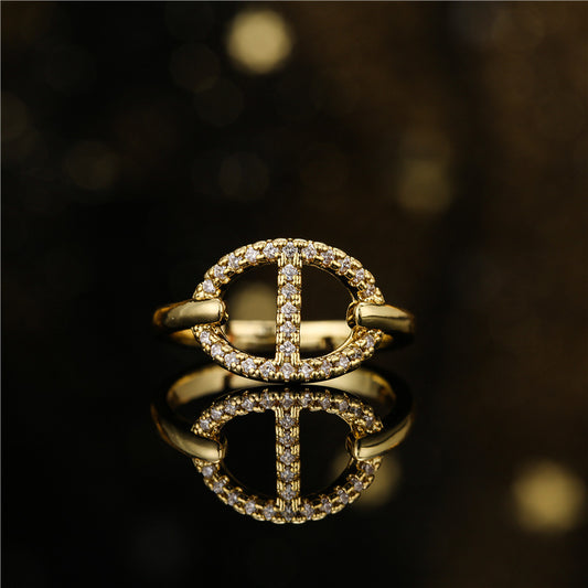 Geometric Pig Nose Shaped Opening Ring for Women with 18K Gold Plated Copper Base and Micro-Pave Zirconia
