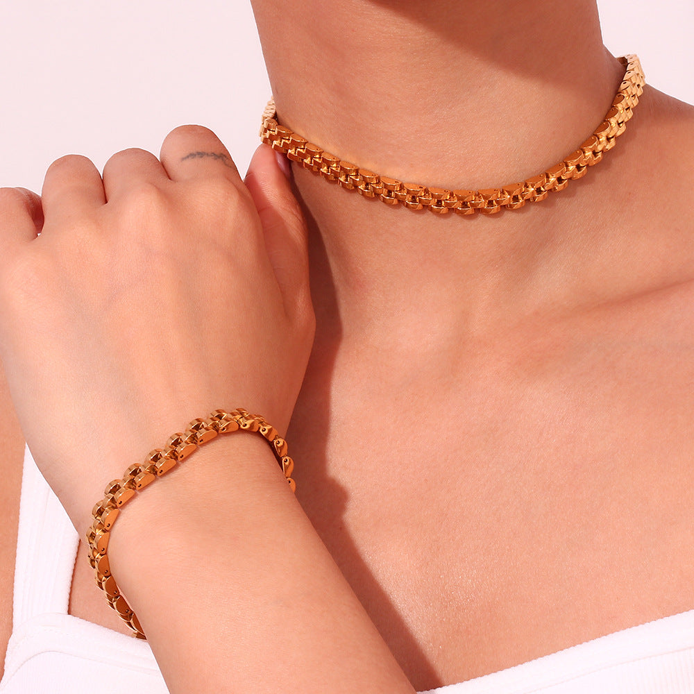 Minimalist Geometric Titanium Steel Bracelet Set with 18K Gold Plated Stainless Steel Chain for Women
