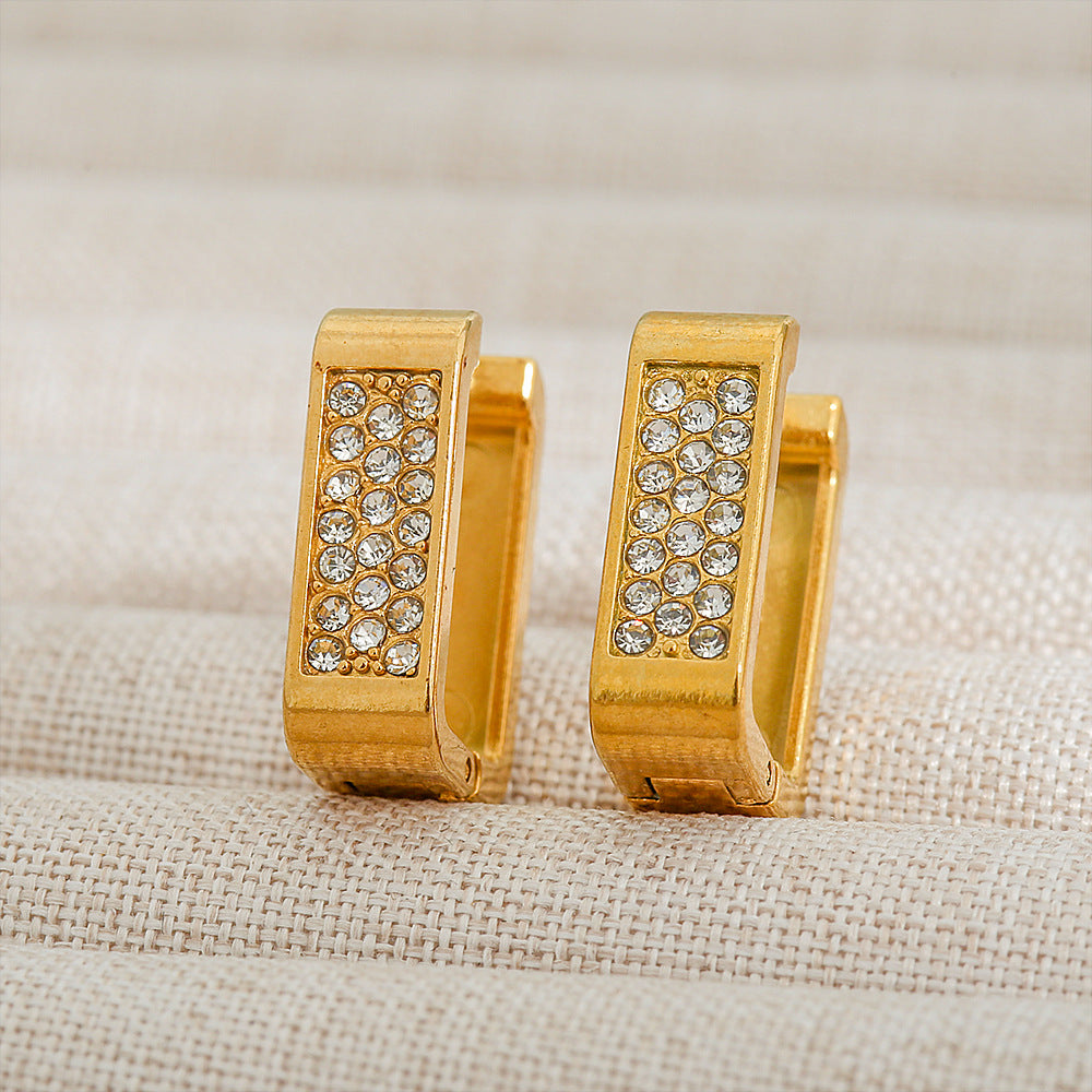 Minimalist U-Shaped Stainless Steel Rhinestone Earrings with 18K Gold Plating for Women