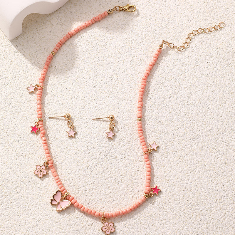 Bohemian Pink Beaded Butterfly Shell Pendant Necklace Set for Children Handmade Jewelry
