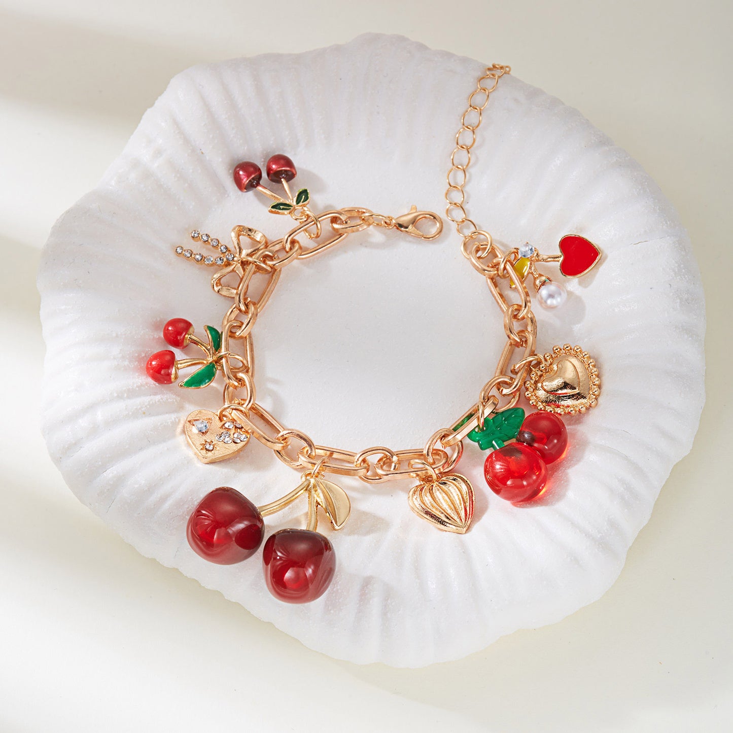 Drip Oil Plated Alloy Heart and Cherry Pendant Bracelet for Women