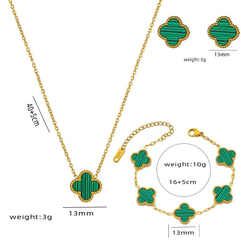 Set di collana, bracciale e orecchini a lobo da donna in acciaio al titanio minimalista con quadrifoglio fortunato