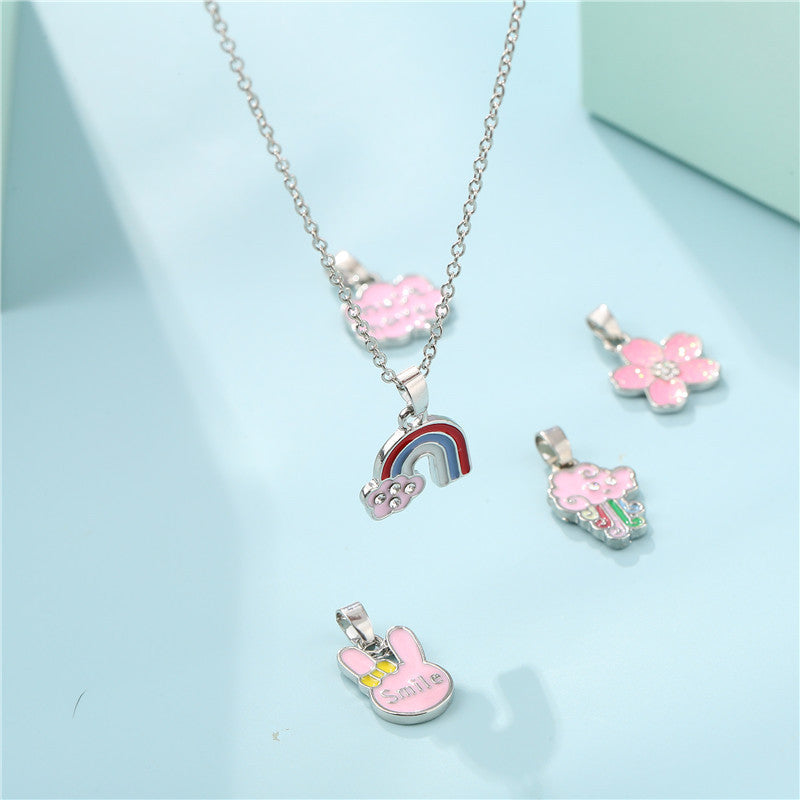 Collana con Ciondolo a Barra in Lega Animale Floreale a Cartone Animato Smaltato con Catena a Maglie per Bambini