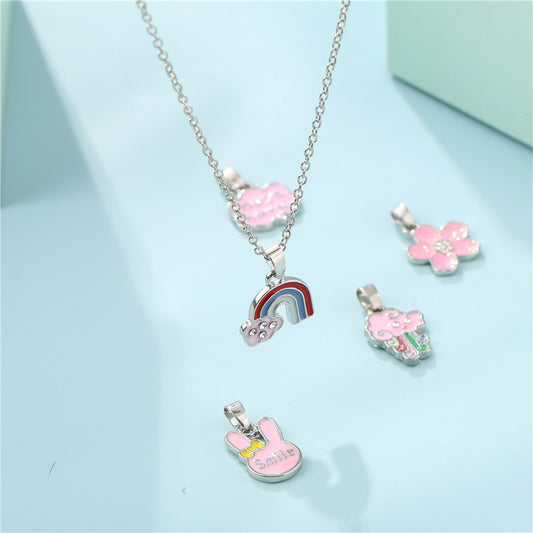 Collar con dije de barra de animales florales de dibujos animados con aleación, esmalte y cadena de eslabones para niños