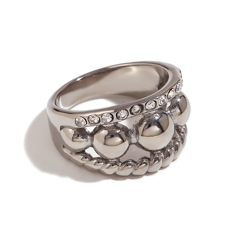 Minimalist Geometric Stainless Steel Ring with 18K Gold Plating and Triple Rhinestone Accents for Women