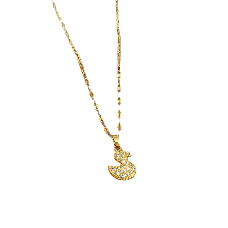 Luxury Titanium Steel Rhinestone-Detailed Geometric Duck Pendant Necklace for Unisex, Adjustable Length 21-50 cm, Fresh and Sweet Style