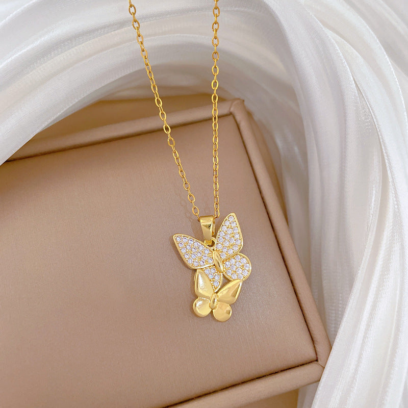 Sweet Minimalist Butterfly Cubic Zirconia Brass Pendant Titanium Steel Necklace for Unisex