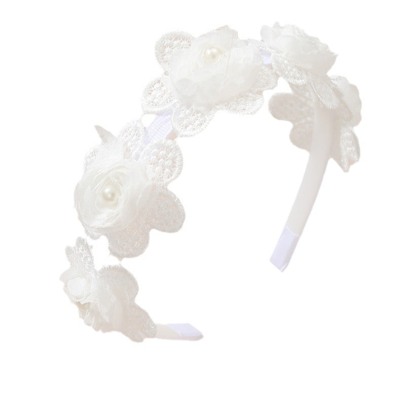 Cerchietto Floreale per Bambini con Rifinitura in Pizzo e Dettagli in Perle in Stile Naturale, Accessorio per Capelli Ricoperto in Resina Colore Macaron