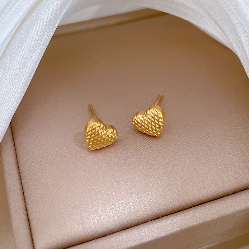 Minimalist Titanium Steel Heart Checkered Stud Earrings for Women