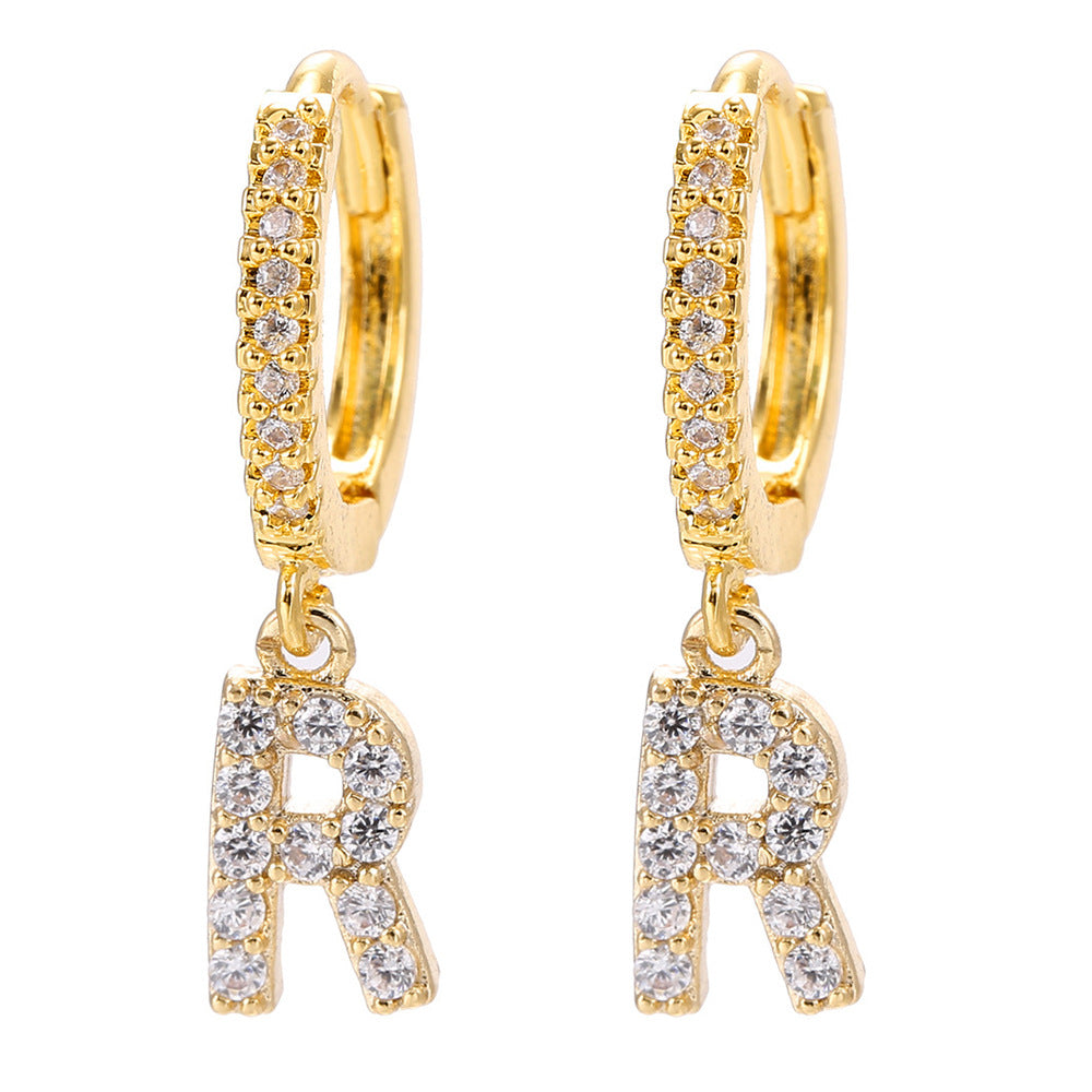 Elegant Gold Plated Letter Cubic Zirconia Inlay Brass Earrings