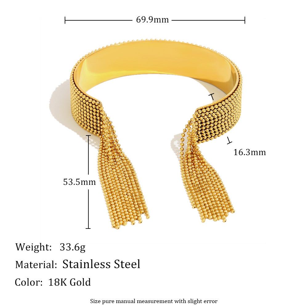 Minimalist Geometric Stainless Steel Plated 18K Gold Beaded Tassel Wide Cuff Bracelet for Women