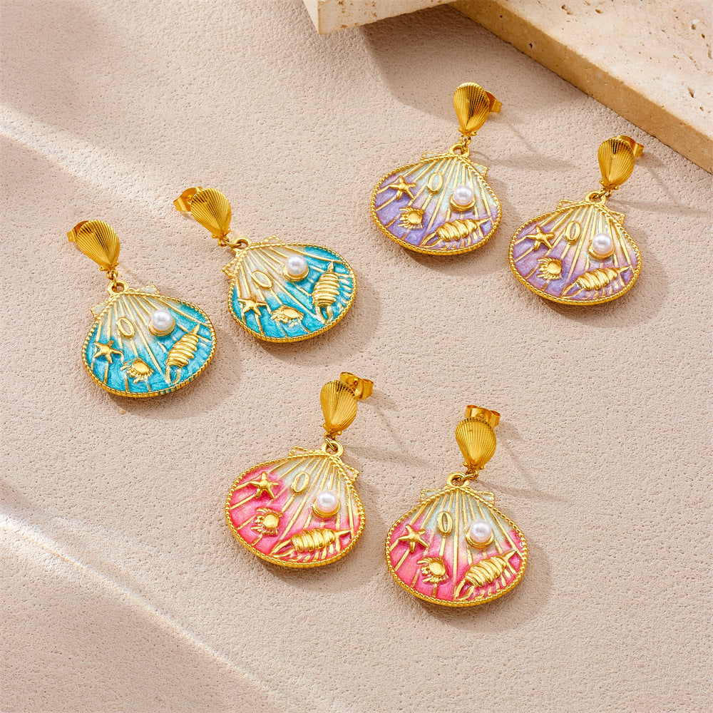 Pendientes de acero inoxidable para mujer con colgante de esmalte de vieira, estrella de mar y concha, con diseño de dibujos animados, bonitos, inspirados en el océano y con degradado.