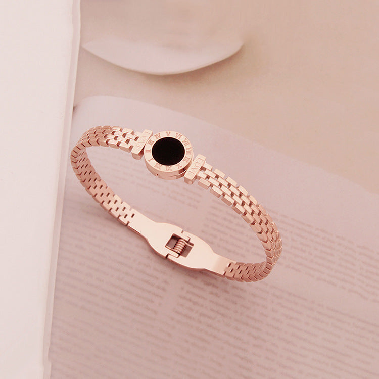 Minimalist 18K Gold Plated Titanium Steel Roman Numeral Watch Style Cuff Bracelet for Women