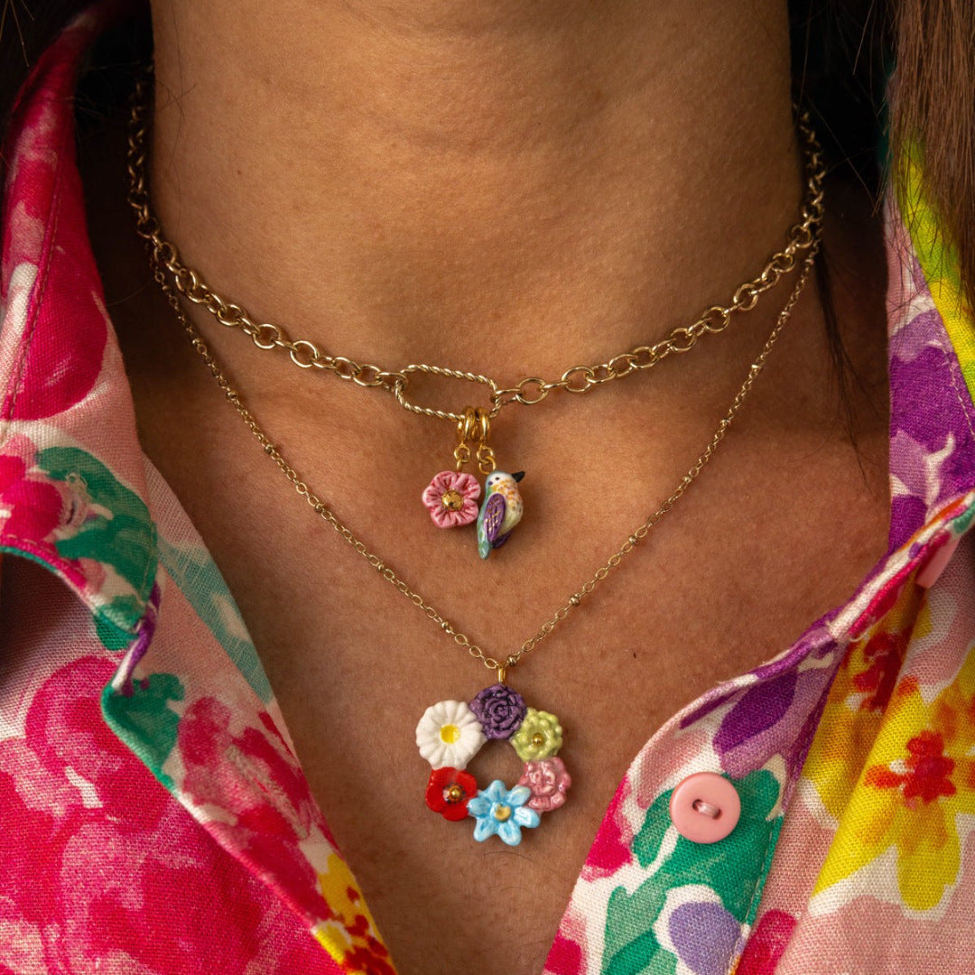 Vintage Floral Plant Stainless Steel PVD Gold Plated Pendant Charm Bar for Women