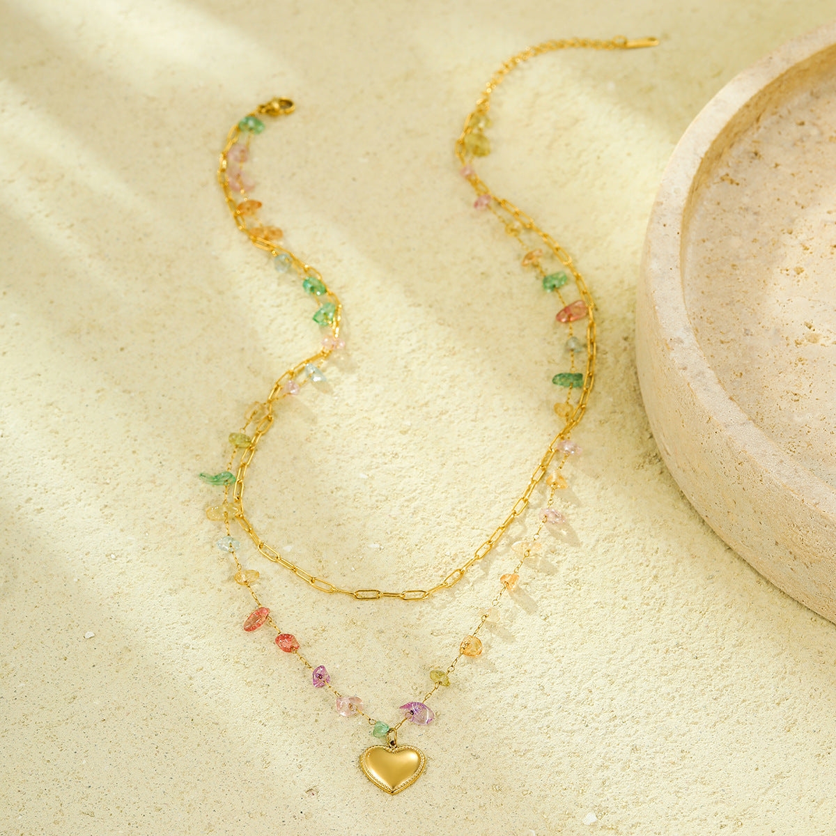 Collana da Donna Elegante a Cuore in Acciaio al Titanio con Placcatura in Oro 18K, Catenina a Doppio Strato Impilabile con Ciondolo