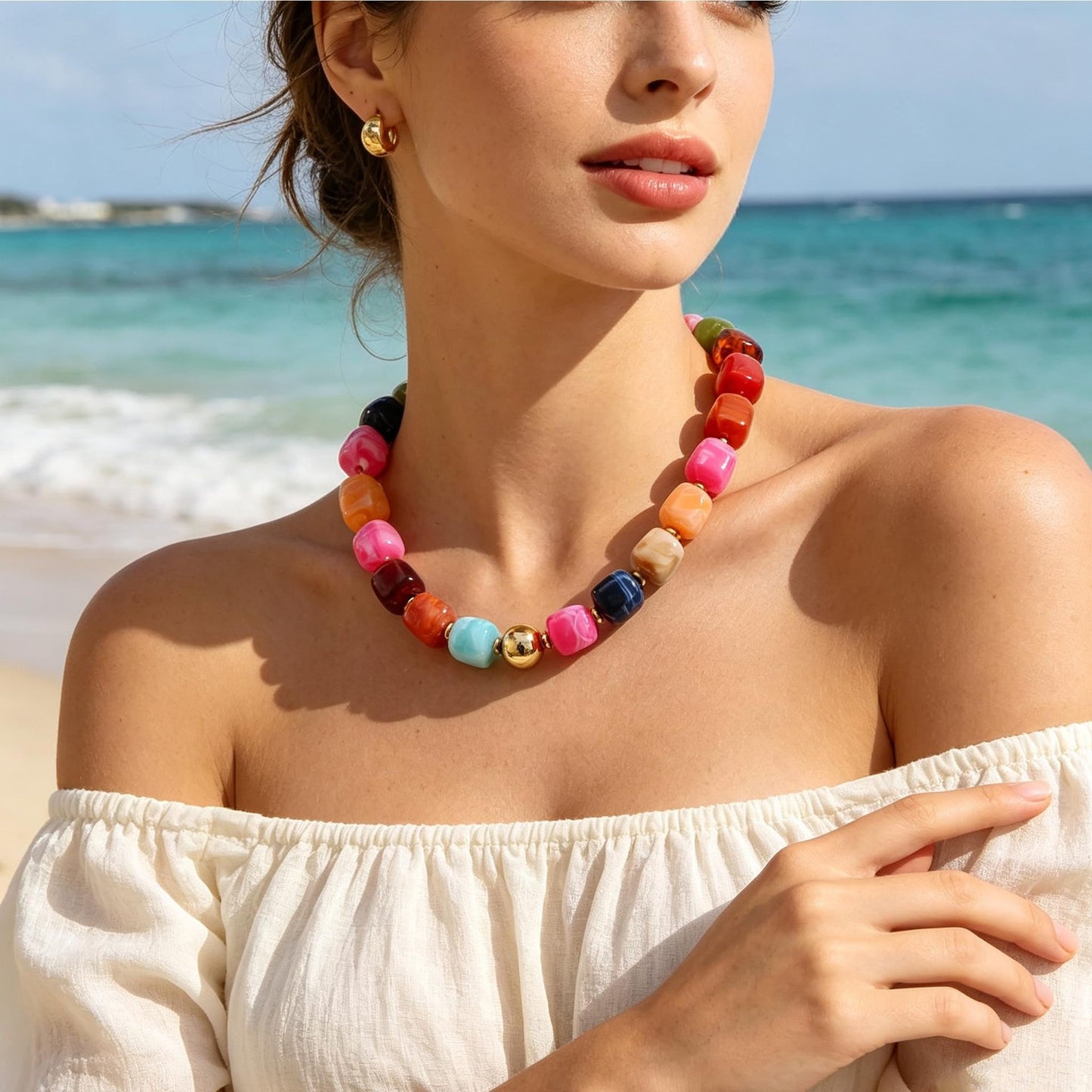 Bohemian Casual Geometric Resin Beaded Necklace with Acrylic Gold Ball Pendant Unisex Cable Chain