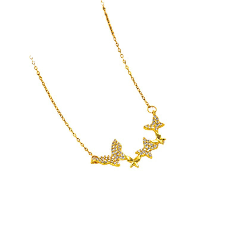 Minimalist Butterfly Pendant Necklace for Women Titanium Steel with Rhinestone Inlay Snake Chain Cold Aesthetic Clavicle Necklace