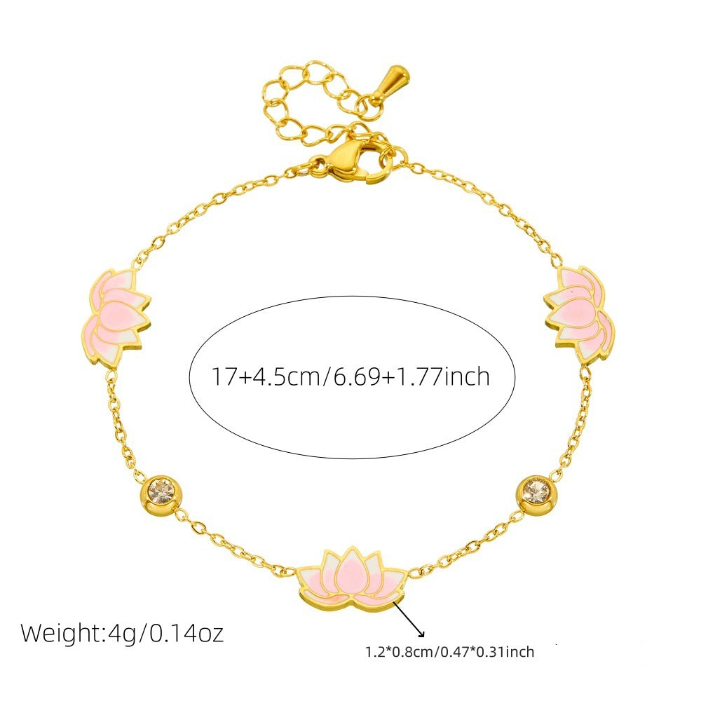 Minimalist Gradient Pink Lotus Rhinestone Drip Oil Stainless Steel Necklace Earring Bracelet Set with Cable Chain