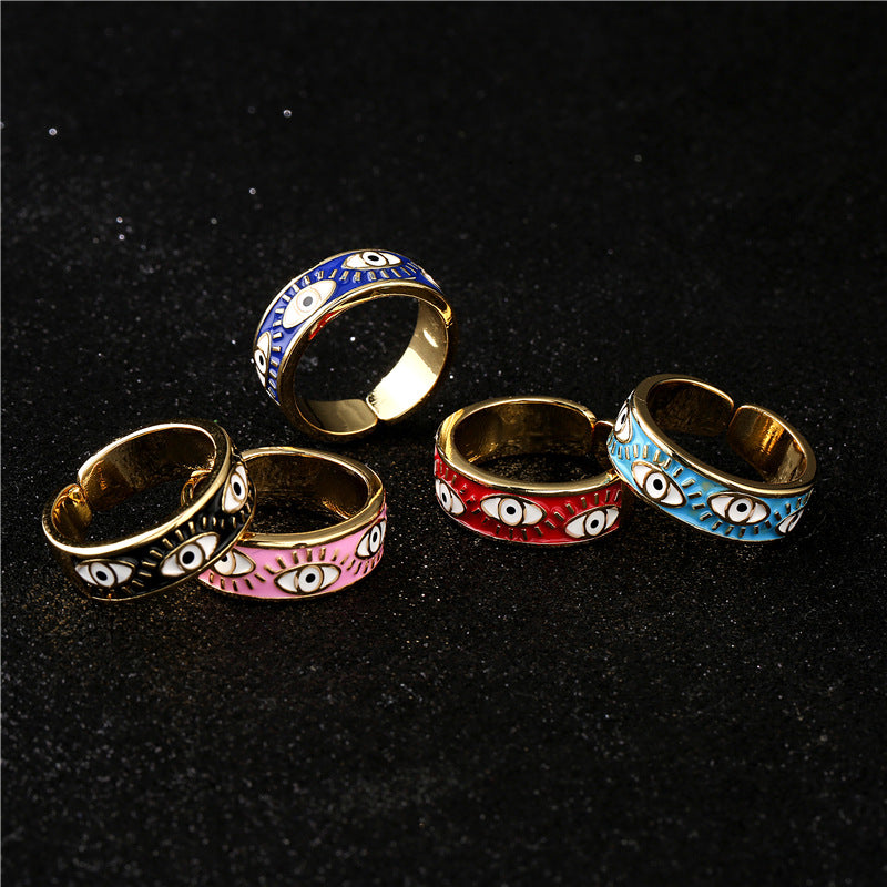 Anello aperto Occhio di Allah geometrico alla moda per donna con finitura smaltata in cinque colori e pavé di microzirconi