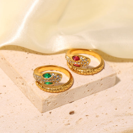 Elegant Snake-Shaped Zirconia Ring for Women in Stainless Steel with 18K Gold Plating