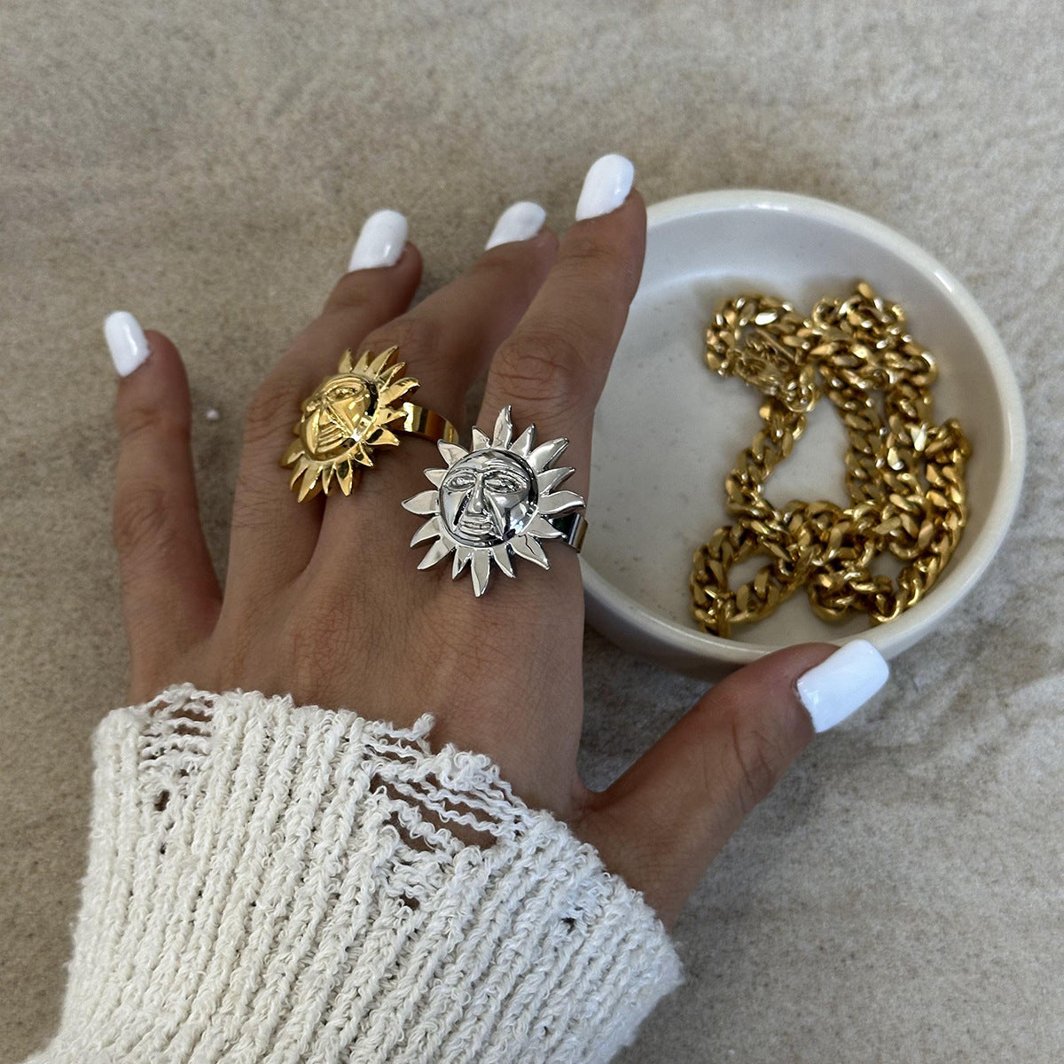 Sunflower Geometric Plated Stainless Steel Ring for Women