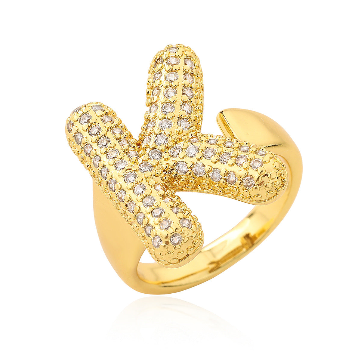 Minimalist Geometric Letter Zirconia Ring for Women in Copper with Gold Plating and Micro-Pavé Setting
