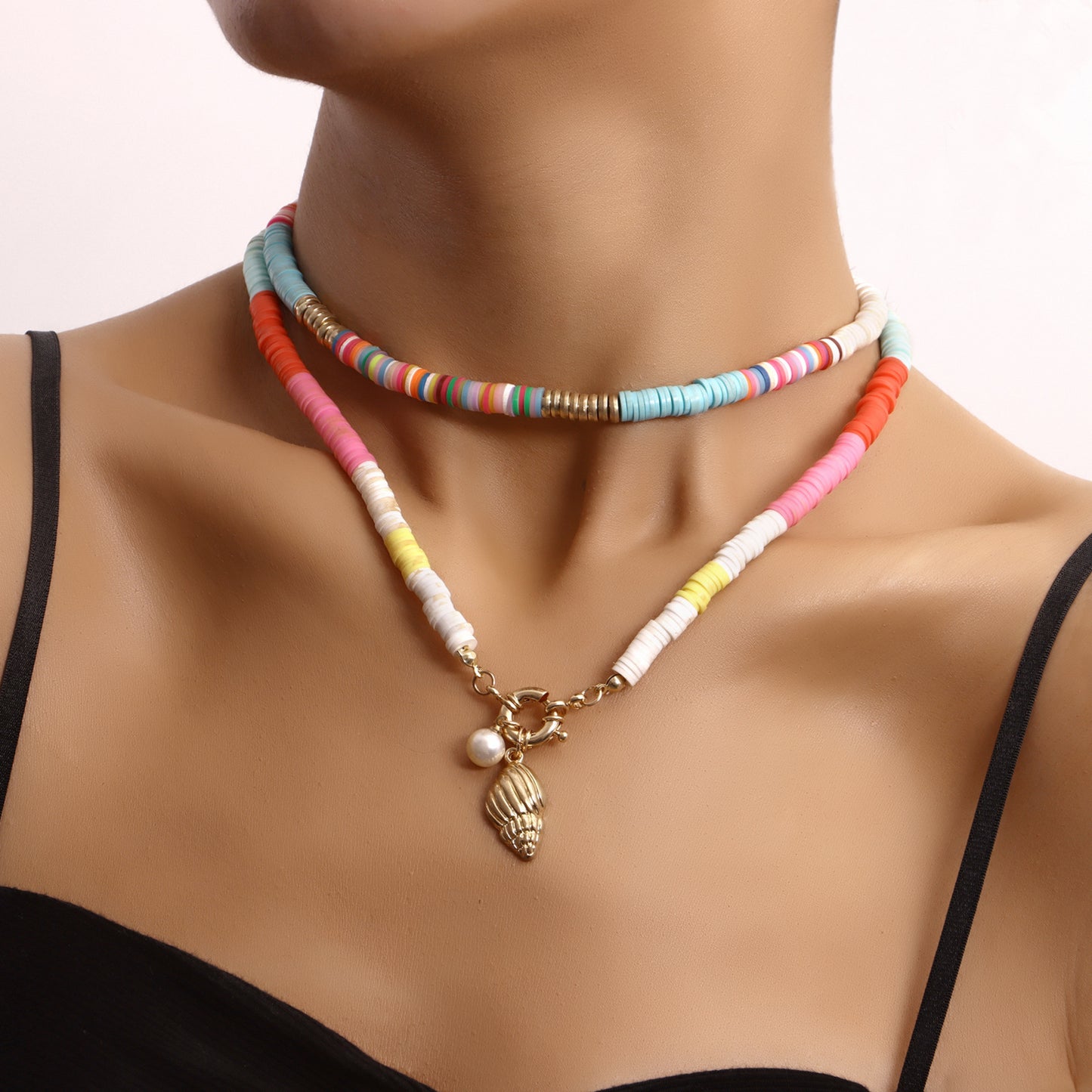 Geometric Double-Layer Polymer Clay and Pearl Scallop Pendant Necklace for Women with Plated Alloy Finish